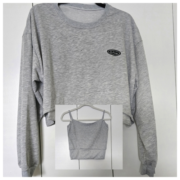 Gray Cropped Oversize Sweat Shirt & Tank Top Set size M-L - Picture 2 of 13